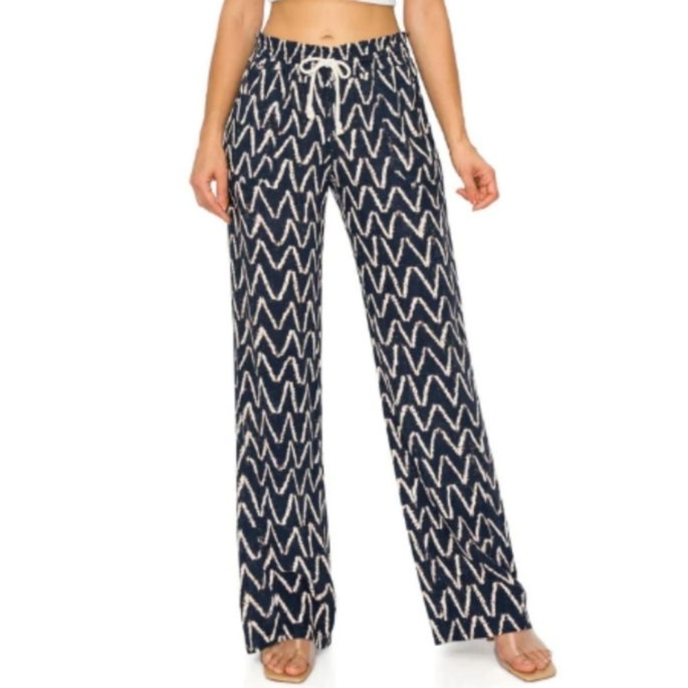 Cali 1850 Linen Blend Wide Leg Blue and Cream Geometric Pants Size S Summer